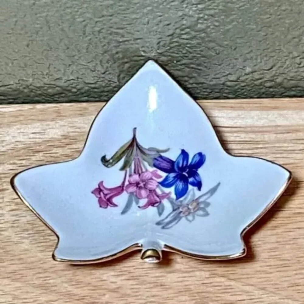 Tea Bag Holder Spoon Rest‎ Blue Pink Flowers Gold Trim Floral Design Leaf Shape